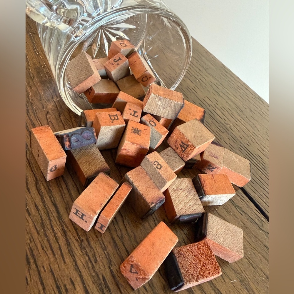 Vintage Wooden Rubber STAMP Set Alphabet Number and others Wooden Tops